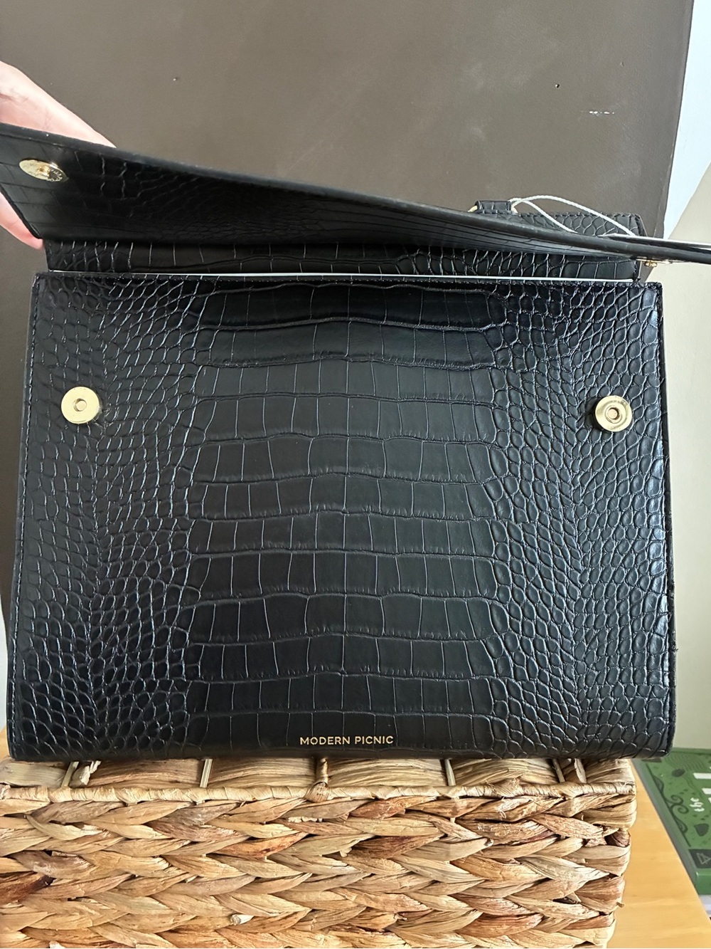 NWT Modern Picnic Large Luncher Black Croc Vegan Leather Lunch Bag - Picture 5 of 14